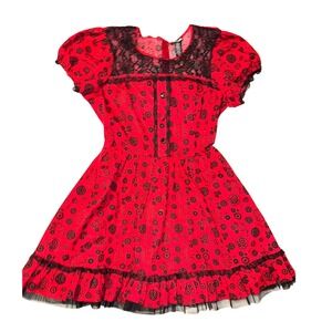 Hot Topic 2XL Red Steampunk Clock Print Pin Up Rockabilly Dress Lace Trim Ruffle